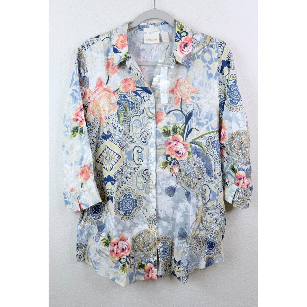 Chico's 100% Linen Button Up Blouse Women's M 1 Floral Paisley Artsy Cottagecore